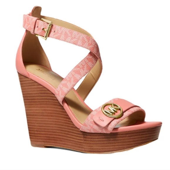 Michael Kors Carmen Logo Faux Leather Wedge Sandal Sherbert - Picture 1 of 5